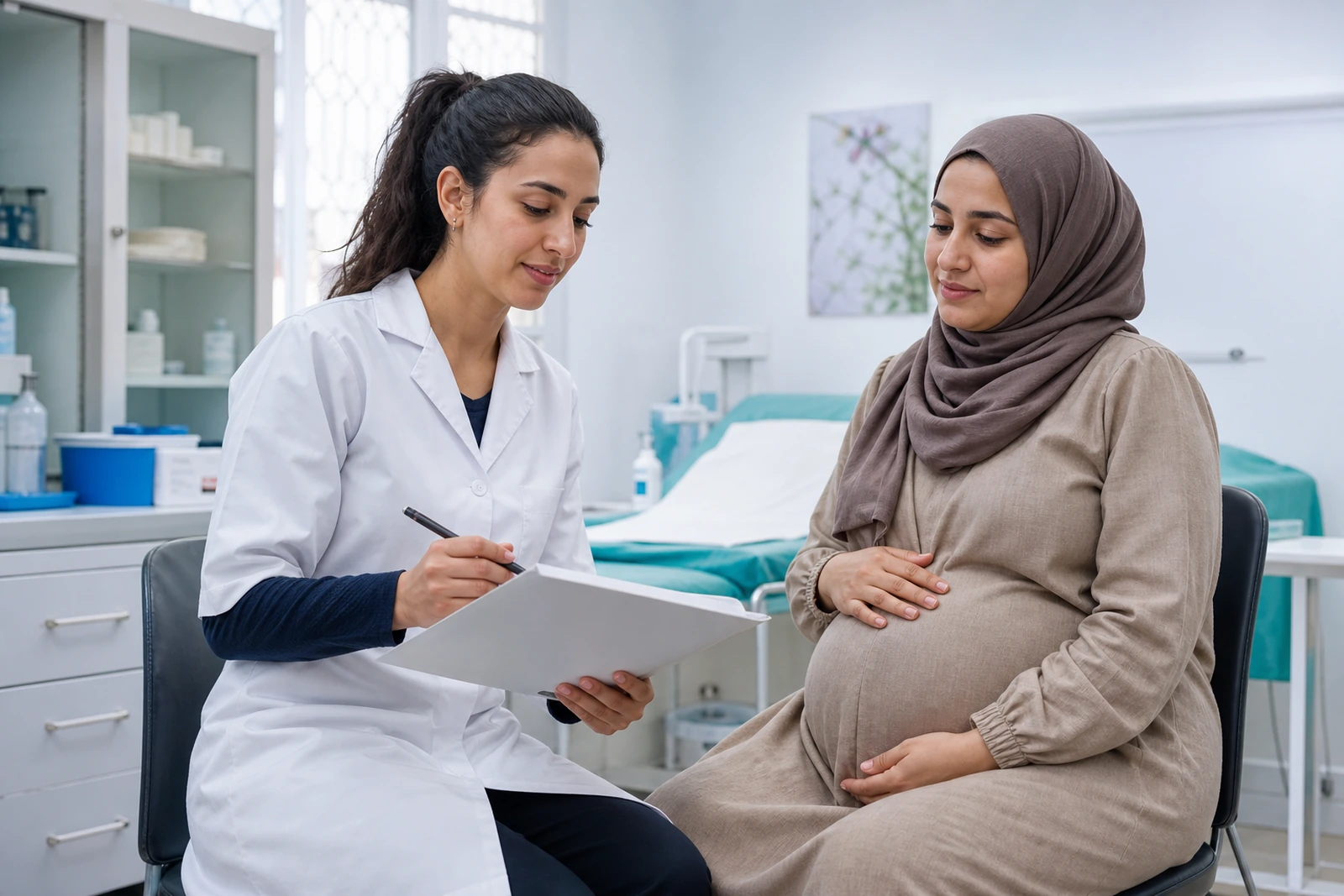 Étudiante sage-femme en consultation prénatale à l’EEMSI